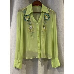 Apriori by Escada Women's Green Sequins Y2K Sheer Long Sleeve Blouse